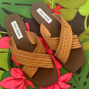 Like New Steve Madden Genuine Leather Camel Braided Strapped Sandals